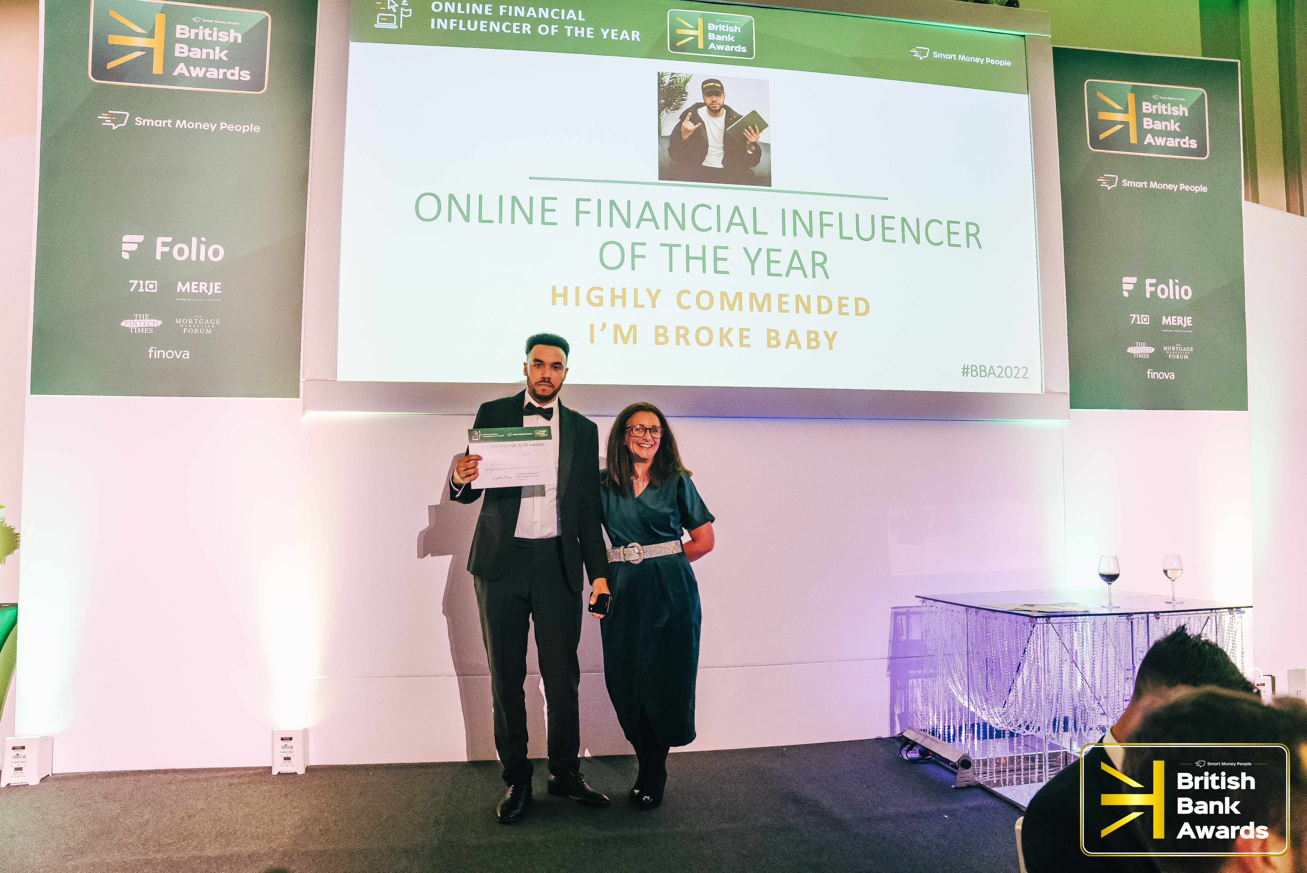 Jordan Green receiving his Highly Commended award at the 2022 British Bank Awards